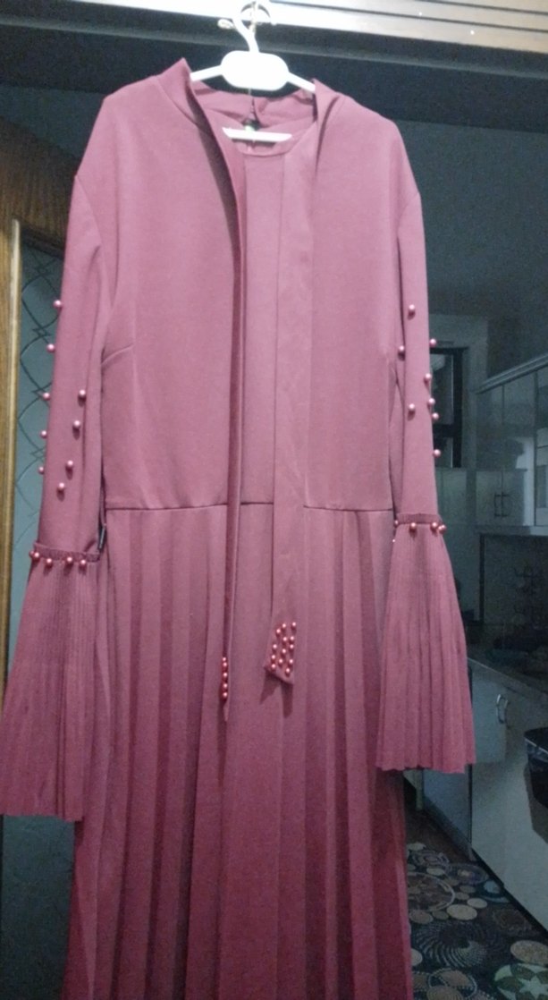 Bordo Kadın Uzun Drapeli Elbise - Görsel 3