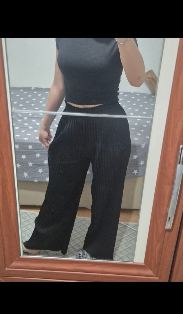 Siyah Pliseli Yüksek Bel Palazzo Pantolo - Görsel 3