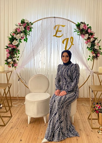 Uzun Kollu Gri Drapeli Bağlama Desenli Abiye Elbise - Görsel 2