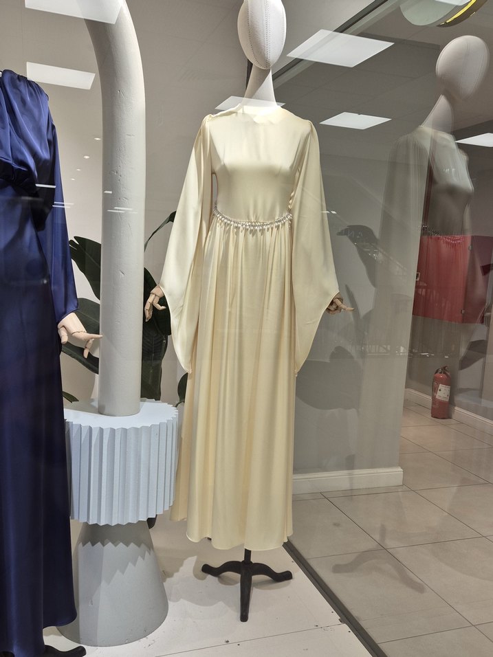 Tereyağ sarısıUzun Salaş Elbise Yüksek Yakalı - Görsel 2