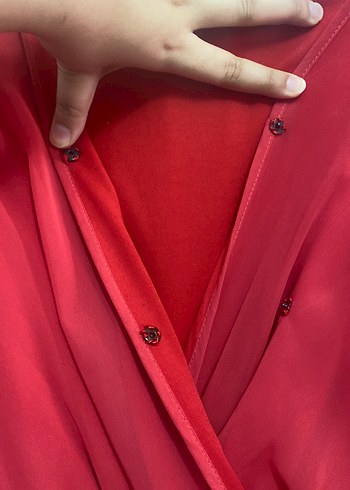 Kırmızı V Yakalı Midi Salaş Elbise - Görsel 2