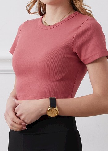 Gül kurusu Kısa Kollu Crop Top - Görsel 2