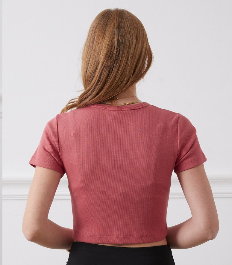 Gül kurusu Kısa Kollu Crop Top - Görsel 3