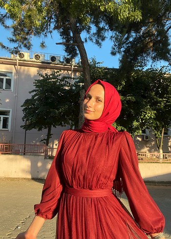 Kırmızı Bohem Uzun Kollu Tesettür Elbise