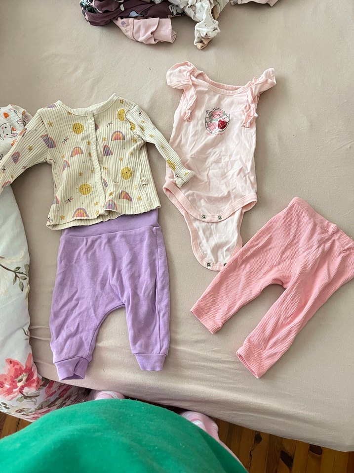 Mor ve pembe Kız  bebek Takımı, Düğmeli, Uzun Kollu - Görsel 3