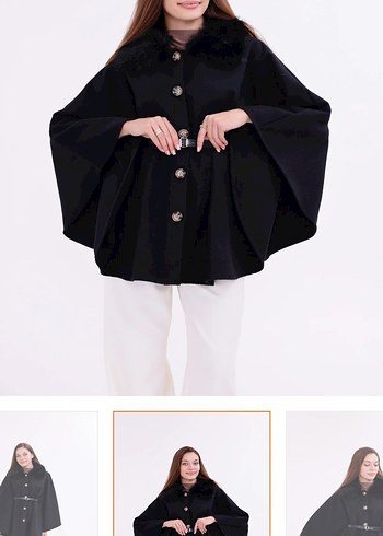 Düğmeli Siyah Mini Kadın Panço - Görsel 2