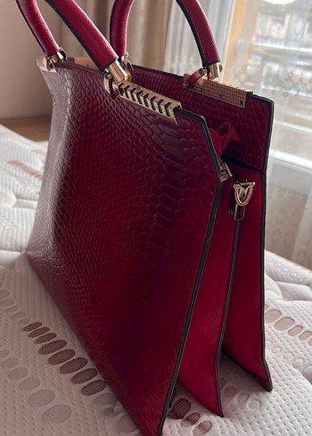 Kırmızı Yılan Derisi Desenli Deri Kadın Çanta - Görsel 5