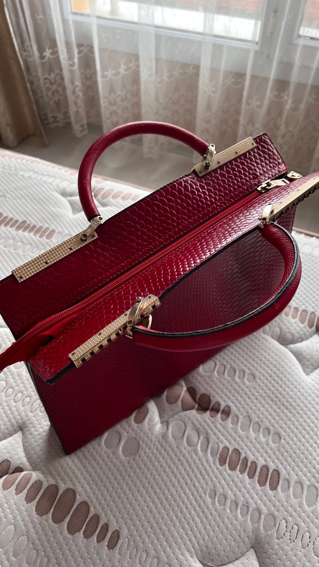 Kırmızı Yılan Derisi Desenli Deri Kadın Çanta - Görsel 2