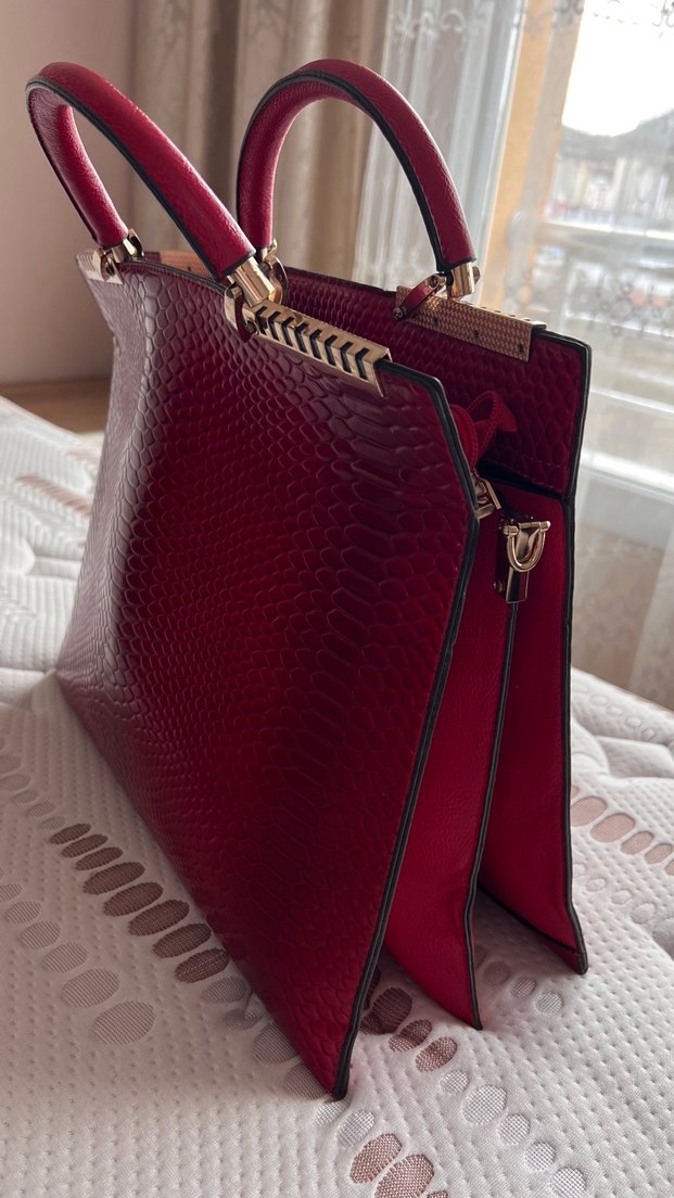 Kırmızı Yılan Derisi Desenli Deri Kadın Çanta - Görsel 5