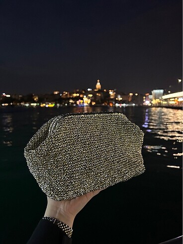 Simli gold clutch çanta