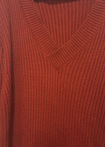 Koyu Kırmızı V Yakalı Uzun Örgü elbise - Görsel 2