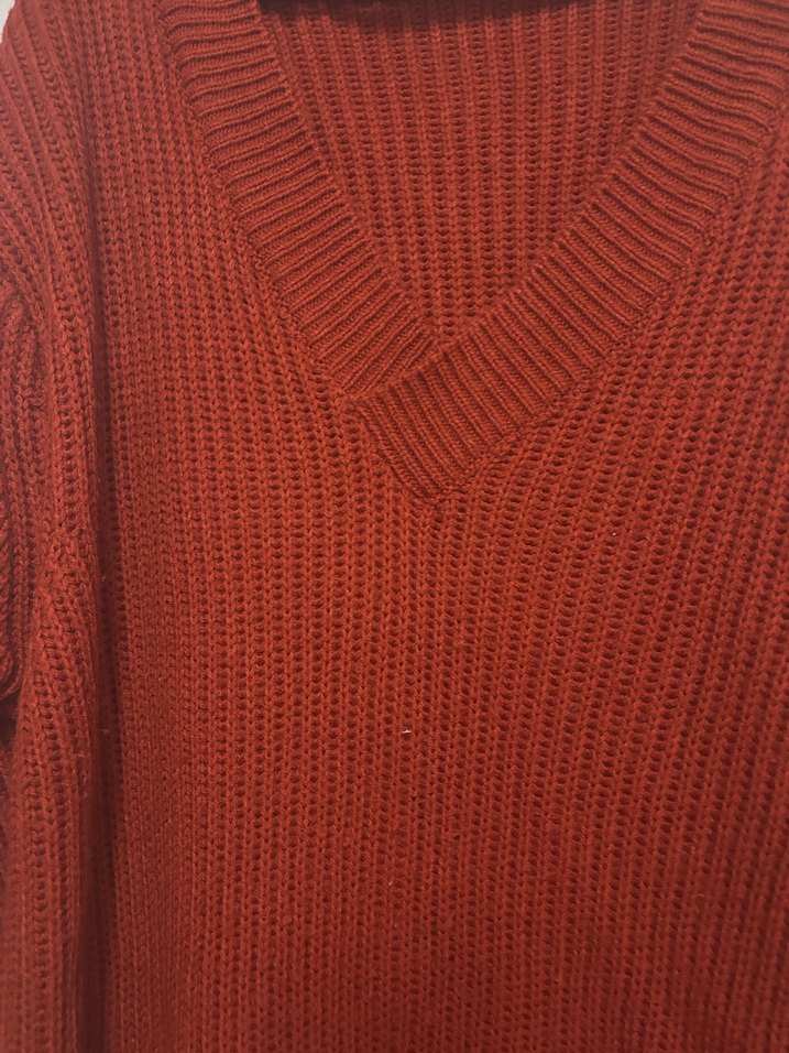 Koyu Kırmızı V Yakalı Uzun Örgü elbise - Görsel 2