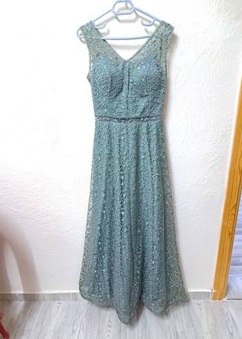 Turkuaz Dantel İşlemeli Uzun Abiye Elbise - Görsel 2