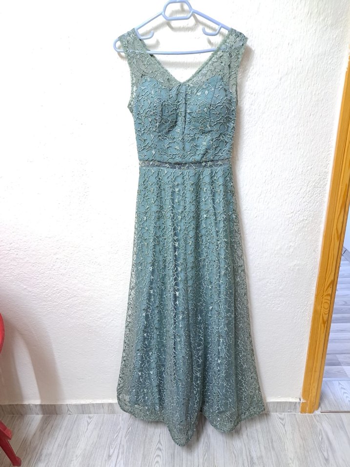 Turkuaz Dantel İşlemeli Uzun Abiye Elbise - Görsel 2