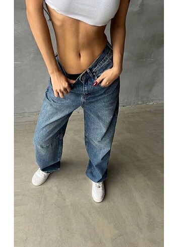 s Beden mavi Renk Kemer Toka Detay Baggy Jean |Koyu Mavi