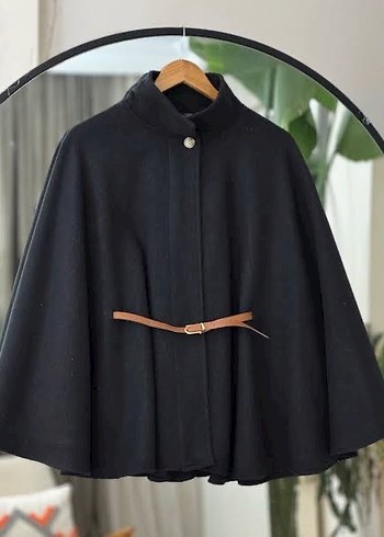 Siyah Kemerli Kot midi Kadın Panço - Görsel 2