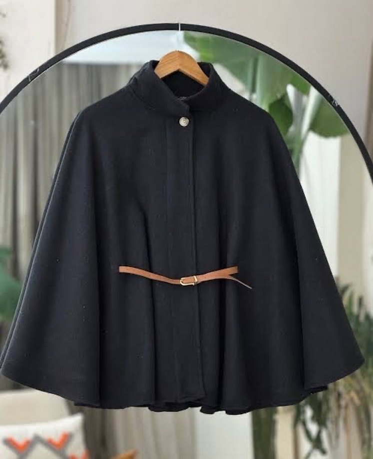 Siyah Kemerli Kot midi Kadın Panço - Görsel 2