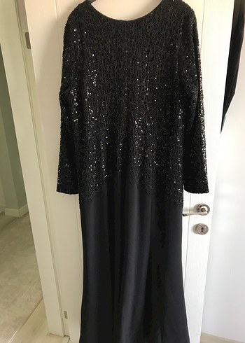 48 Beden Uzun Kollu Siyah Payetli Gotik Abiye Elbise