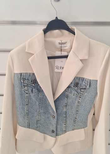 Krem Denim Detaylı Kadın Ceket
