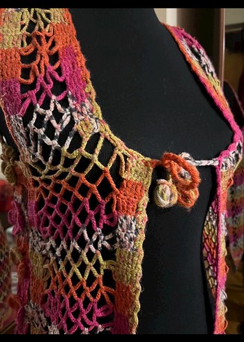 Renkli Örgü Bohem Uzun Yelek - Görsel 3