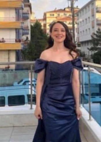 Parlak Lacivert Drapeli Uzun Straplez Abiye Elbise