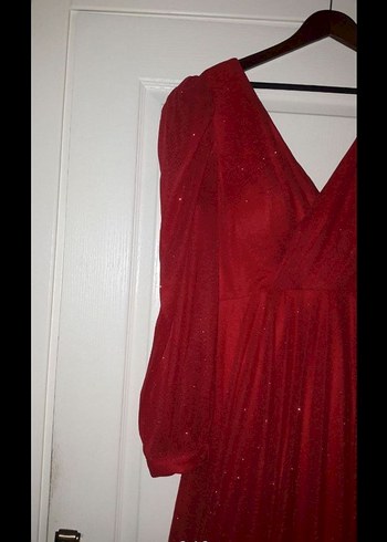 Uzun Kırmızı V Yaka Drapeli Kadın Abiye Elbise - Görsel 2