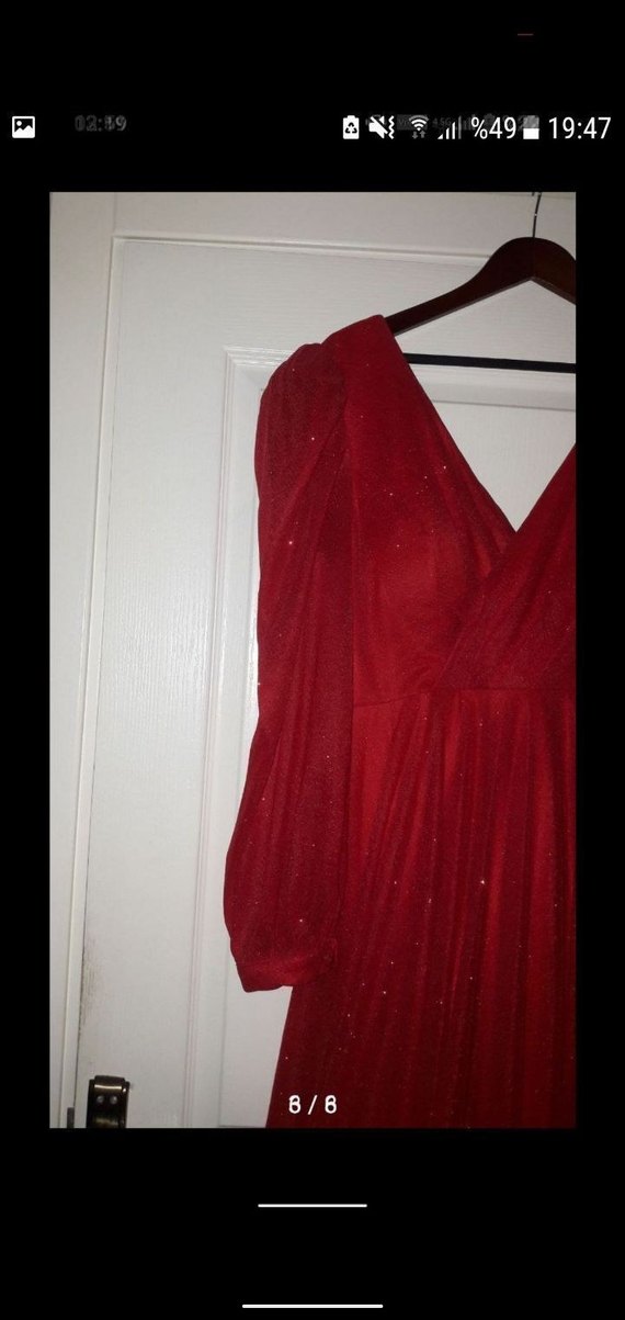 Uzun Kırmızı V Yaka Drapeli Kadın Abiye Elbise - Görsel 2