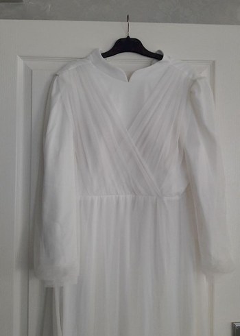 Drapeli Beyaz Uzun Keten Elbise - Görsel 2