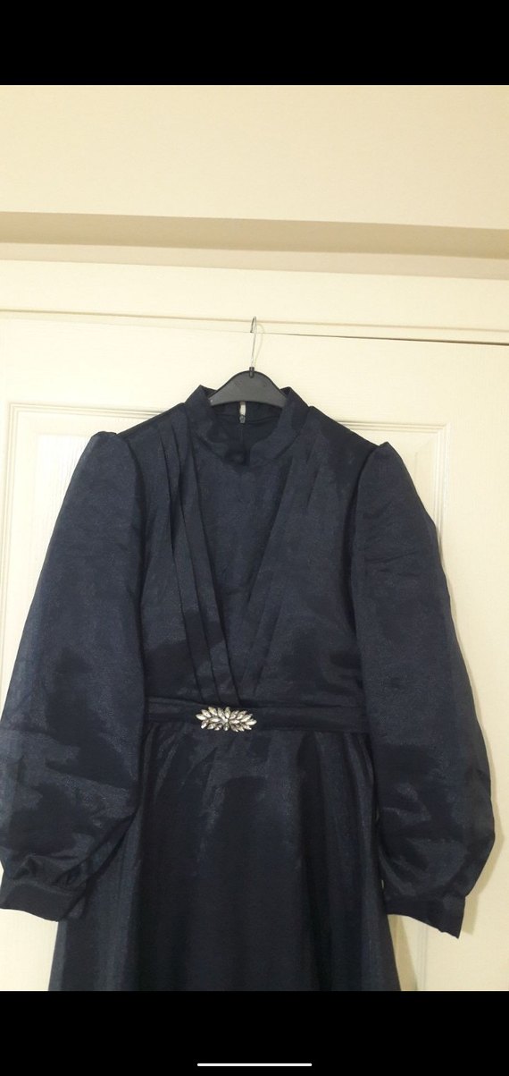 Koyu Lacivert Uzun Kollu Uzun Elbise - Görsel 5