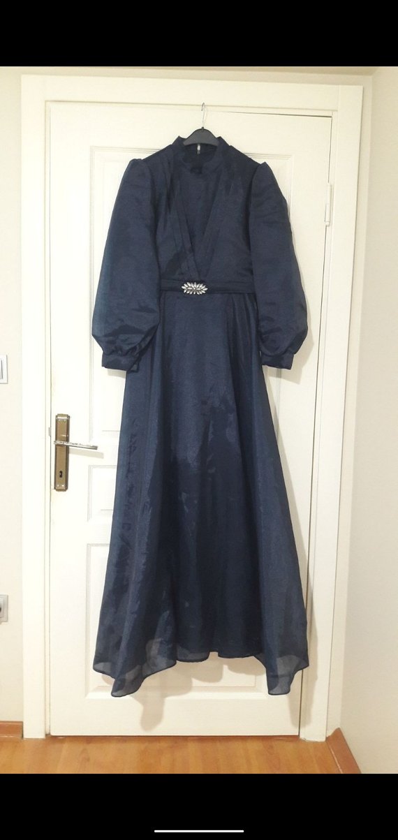 Koyu Lacivert Uzun Kollu Uzun Elbise - Görsel 2