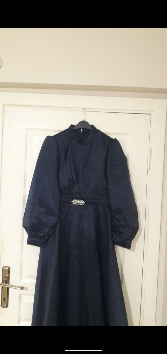 Koyu Lacivert Uzun Kollu Uzun Elbise - Görsel 4