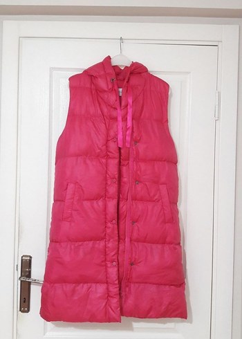 Pembe Uzun Kapüşonlu Kadın Yelek - Görsel 3