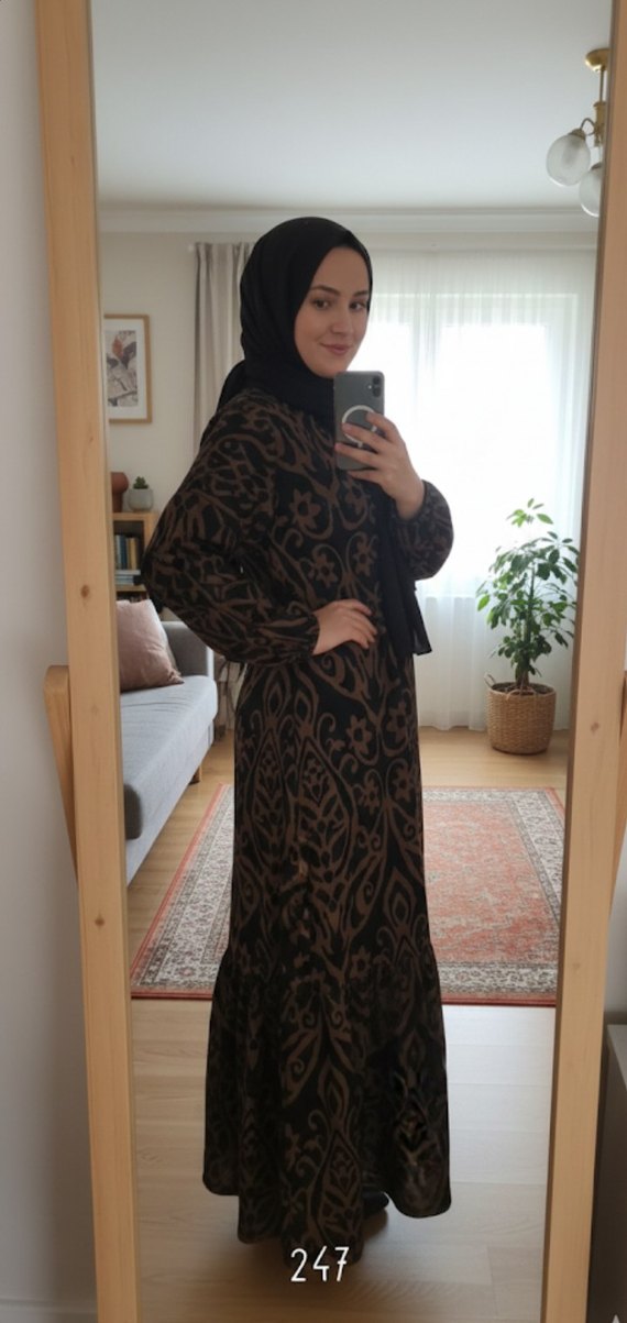 Kahverengi Desenli Elbise - Görsel 2