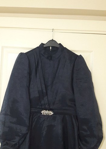 Lacivert Yüksek Yakalı Uzun Abiye Elbise - Görsel 4