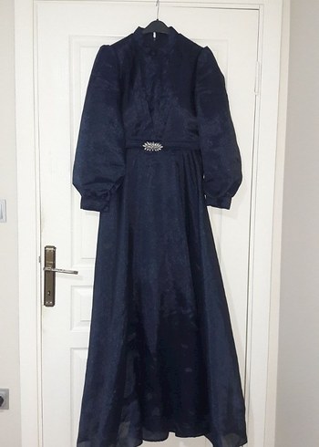 Lacivert Yüksek Yakalı Uzun Abiye Elbise - Görsel 2