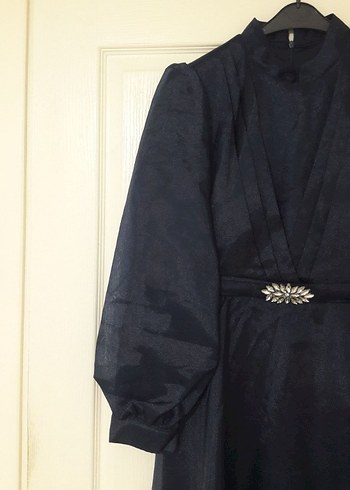 Lacivert Yüksek Yakalı Uzun Abiye Elbise - Görsel 5