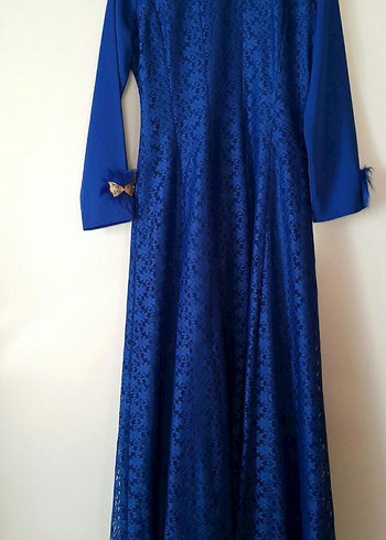 Uzun Kollu Koyu Mavi Abiye Elbise - Görsel 2