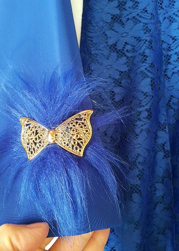 Uzun Kollu Koyu Mavi Abiye Elbise - Görsel 3