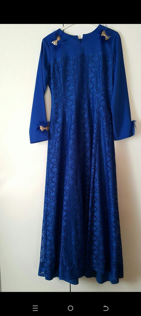 Uzun Kollu Koyu Mavi Abiye Elbise - Görsel 2