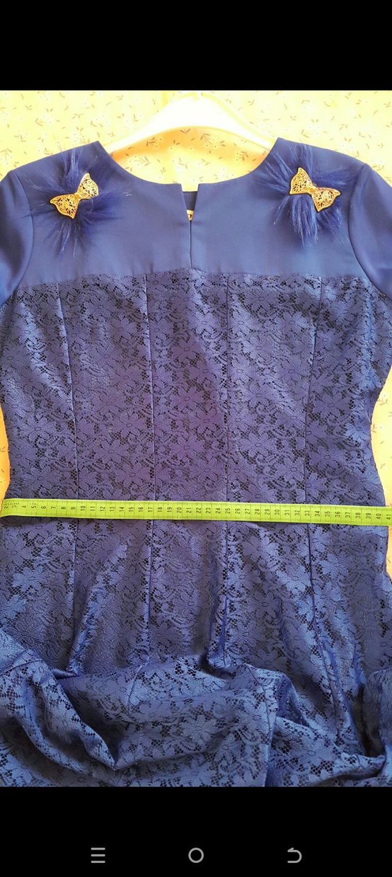 Uzun Kollu Koyu Mavi Abiye Elbise - Görsel 5