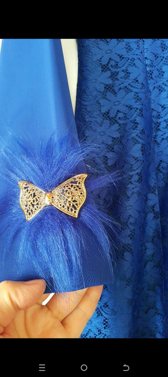 Uzun Kollu Koyu Mavi Abiye Elbise - Görsel 3