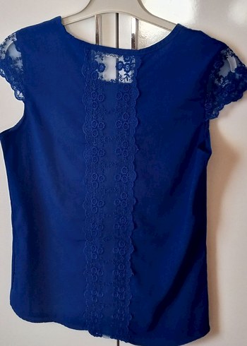 Dantel Detaylı Lacivert Kısa Kollu Bluz - Görsel 3