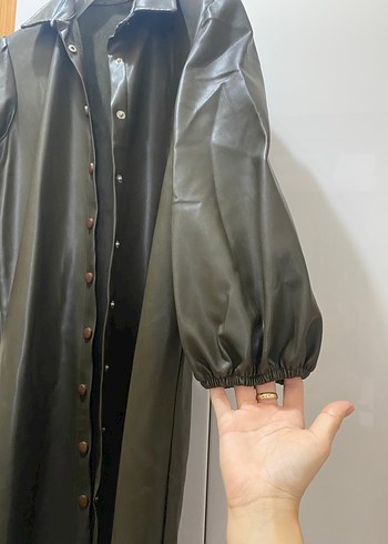 Düğmeli Uzun Deri Kadın Ceket - Görsel 2