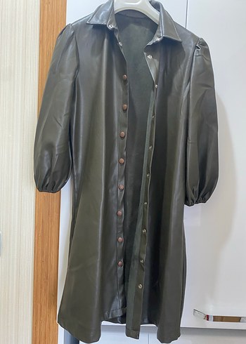 Düğmeli Uzun Deri Kadın Ceket - Görsel 4