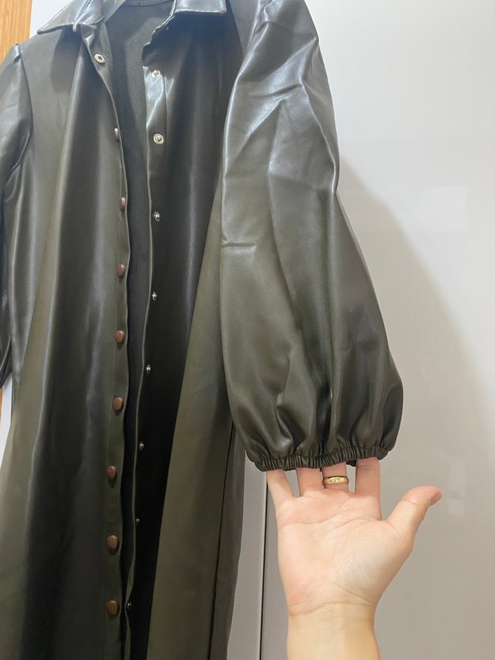 Düğmeli Uzun Deri Kadın Ceket - Görsel 2