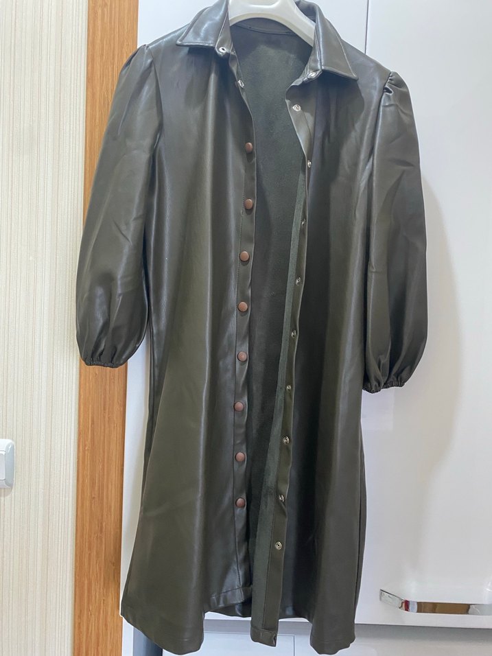 Düğmeli Uzun Deri Kadın Ceket - Görsel 4