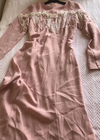 Pembe Uzun Kollu Nakışlı Bohem Elbise