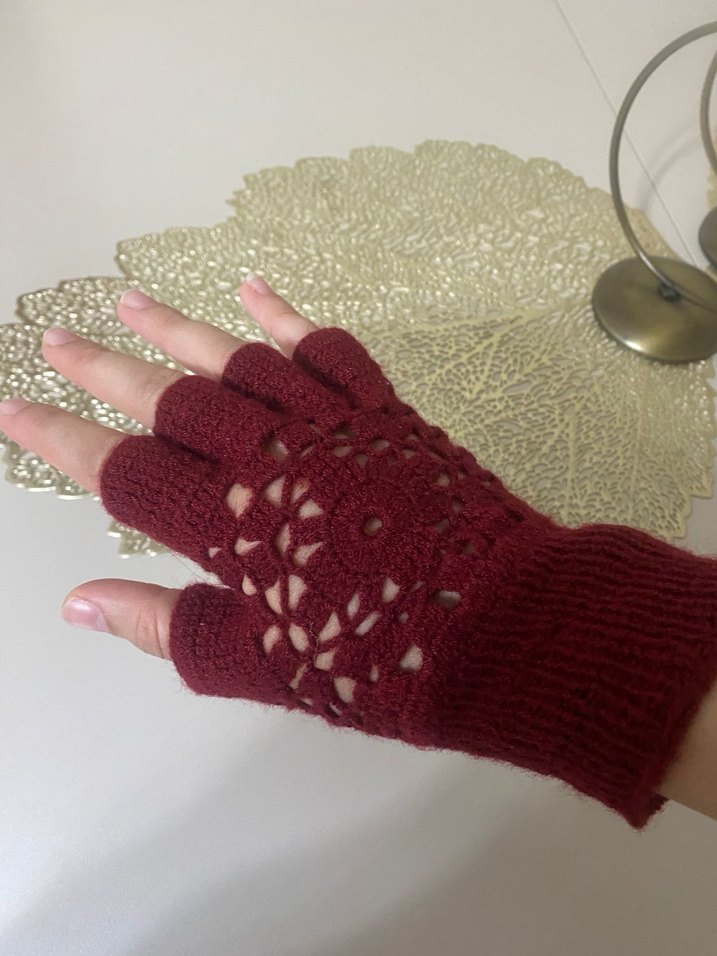 Bordo Dantel Detaylı Bohem Parmaksız Eldiven - Görsel 2
