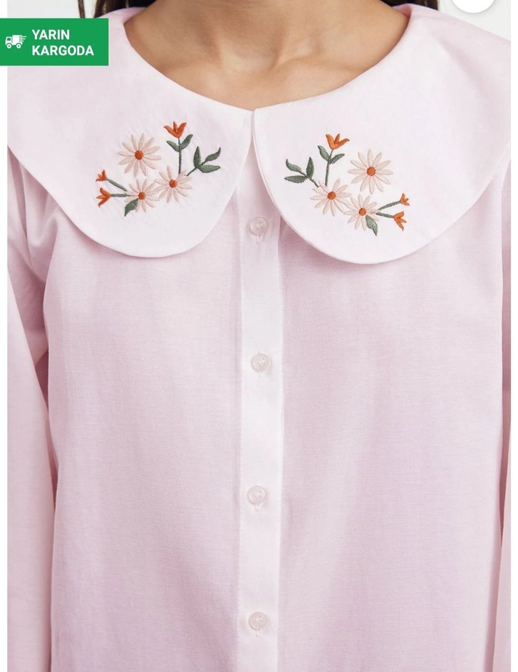 Nakışlı, Düğmeli, Uzun Kollu Kadın Gömlek - Görsel 2