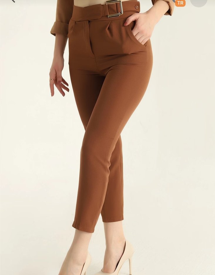 Kemer Detaylı Bej Kadın Kumaş Pantolon - Görsel 2